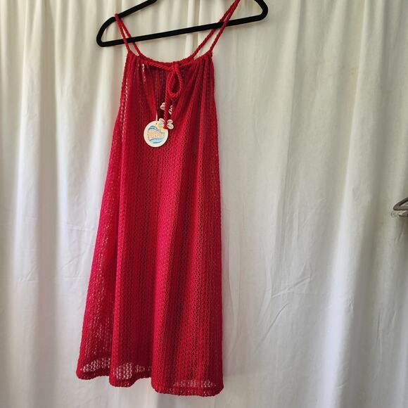 C&C California Cover-Up crochet Mini Dress Swimwear Size M NWT red pockets sheer - Picture 2 of 12